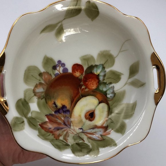 VTG GoldCastle Candy Dish/ Handles Apples Strawberries /Pear Japan Gold Set of 2 - Picture 6 of 10
